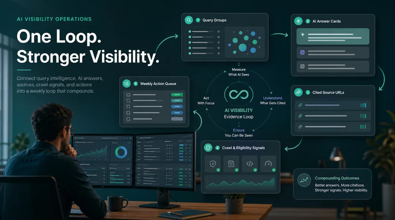 AI visibility evidence loop connecting query groups, answer cards, source URLs, crawl signals, and action queues