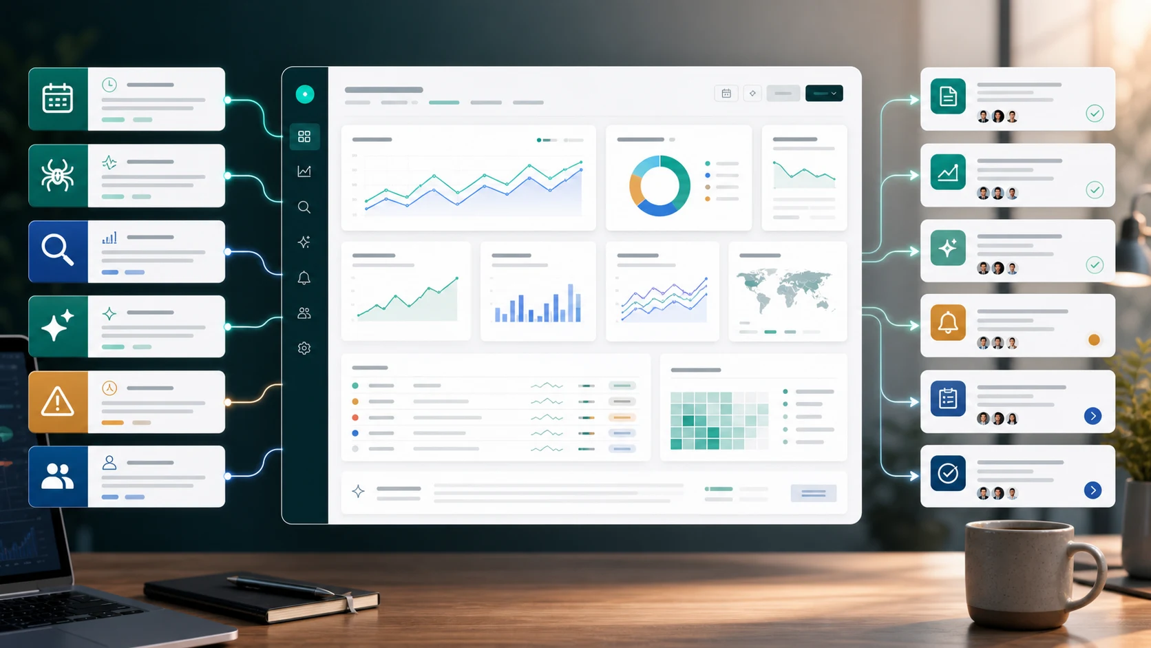 Automated SEO reporting workspace connecting recurring signals to action queues