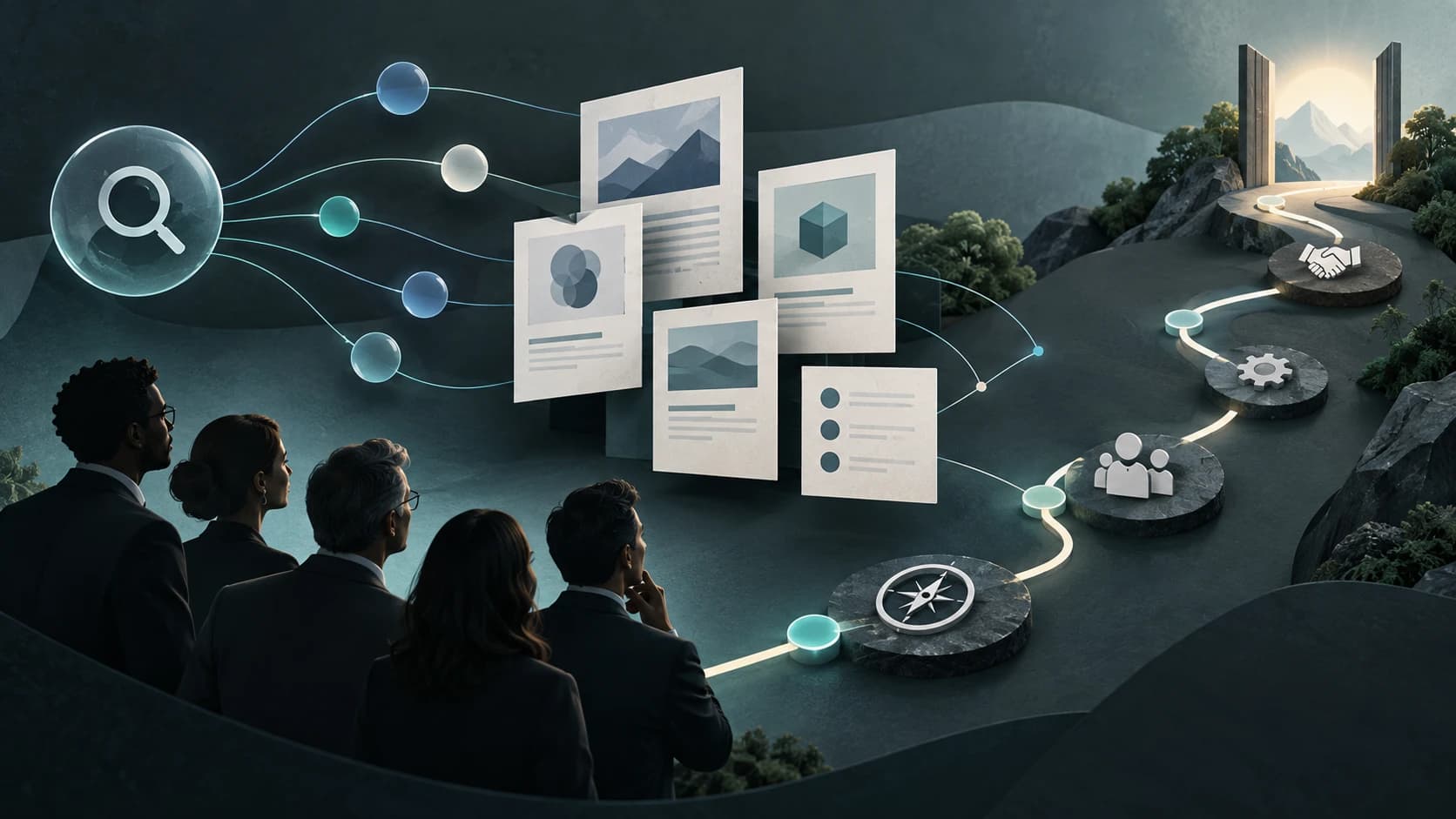 B2B team following search pathways through a page strategy map toward a shared growth decision