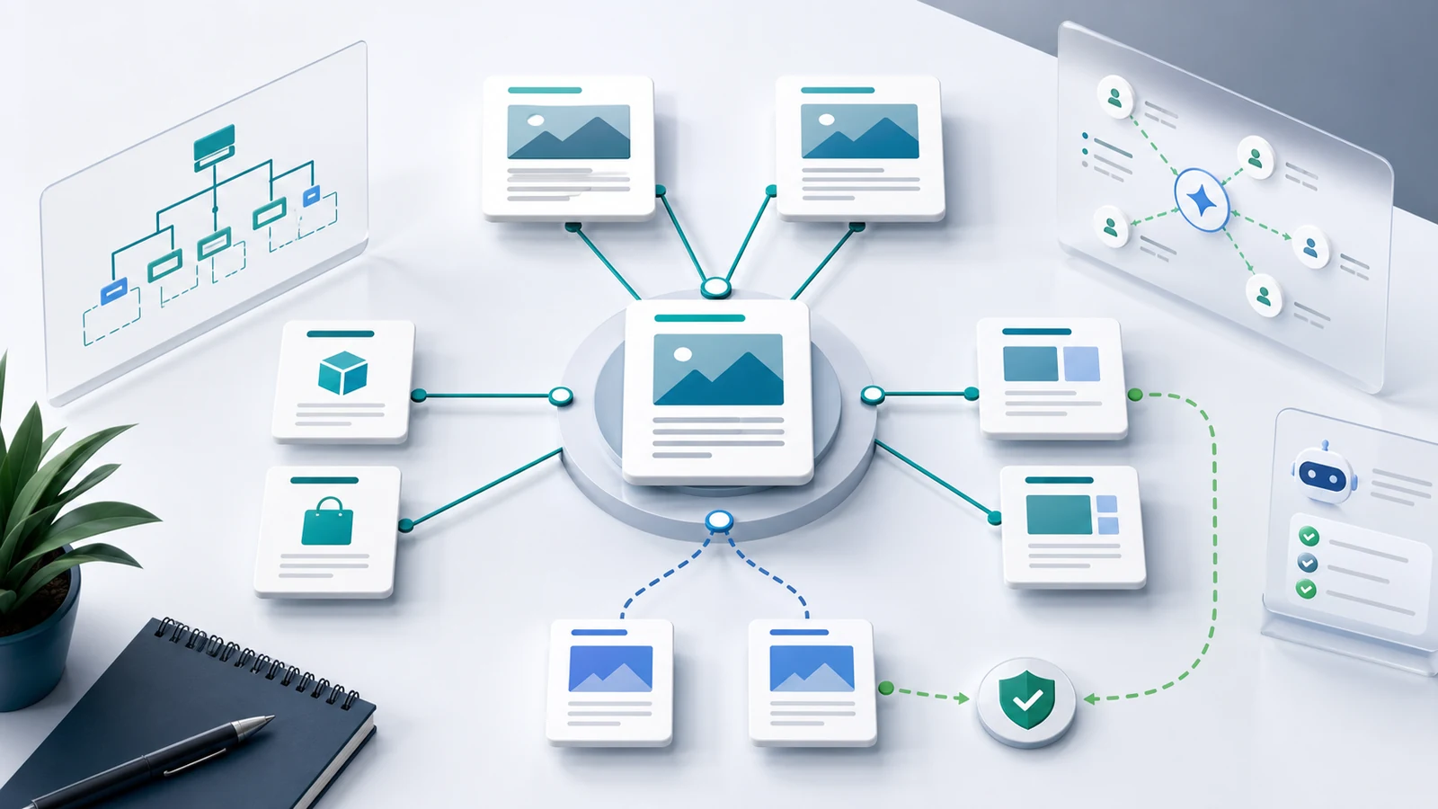 Content hub architecture connecting parent pages, child articles, product paths, crawl checks, and AI search signals