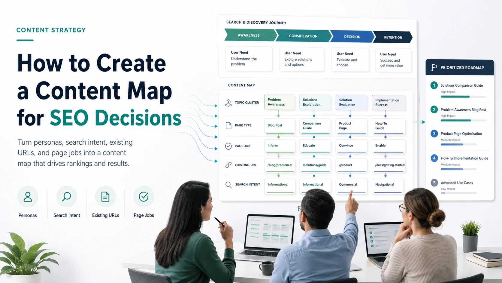 SEO team building a content map from search intent, existing URLs, and page jobs