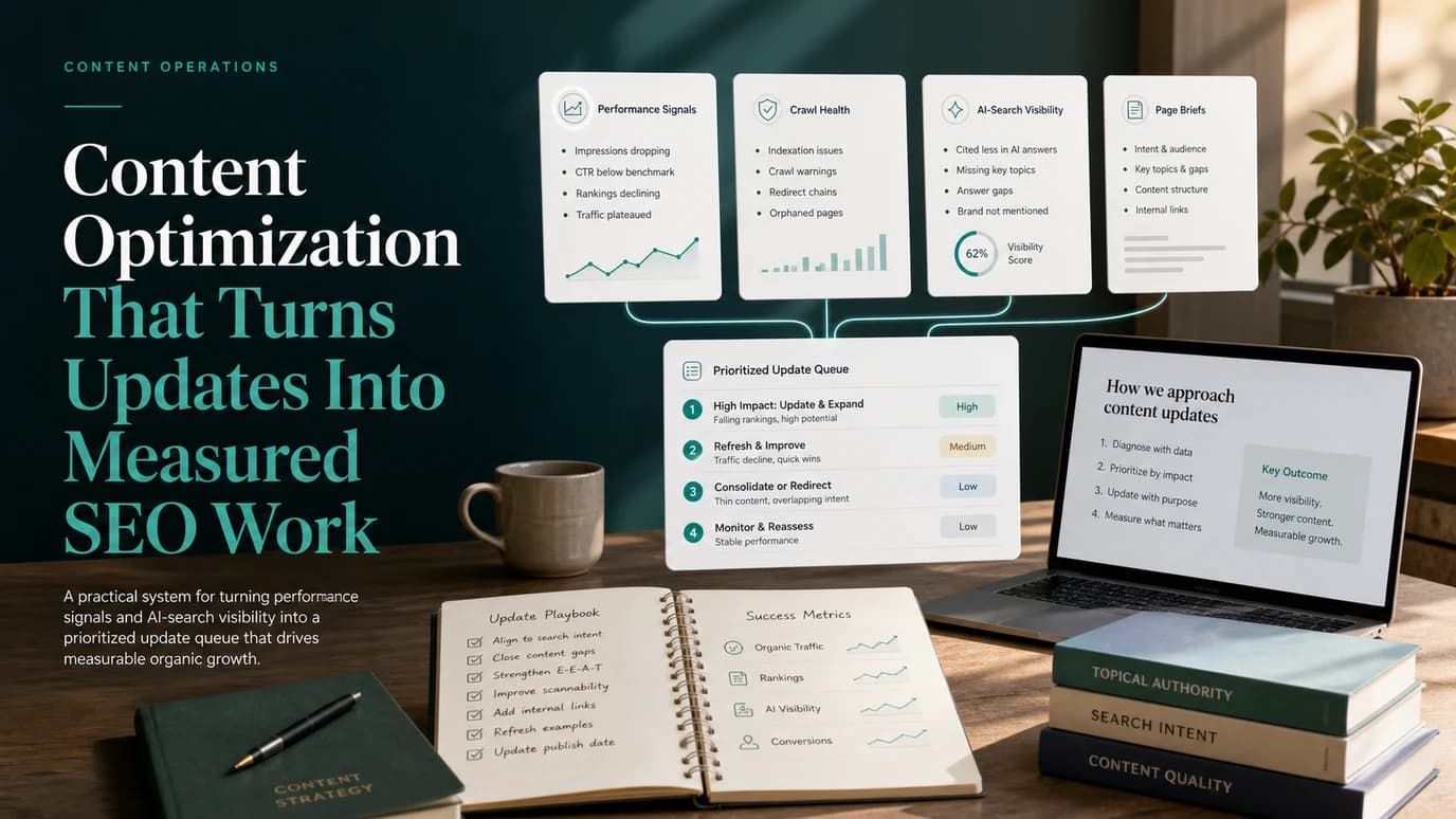 Content optimization workflow turning performance, crawl, and AI-search signals into a prioritized update queue