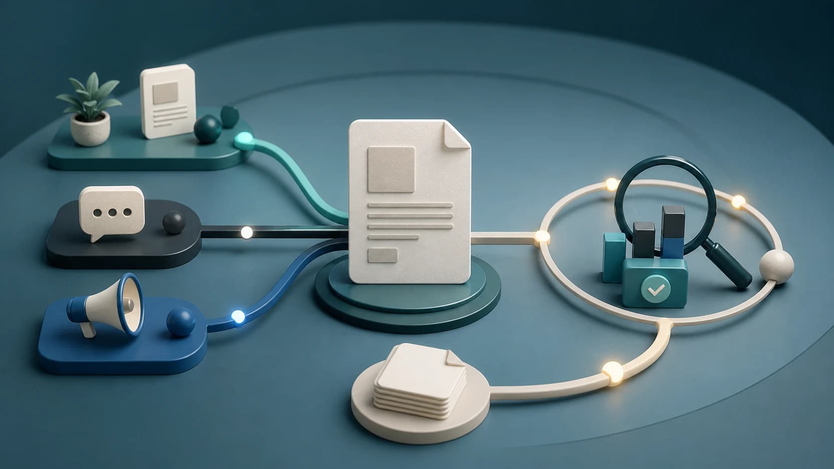 Content promotion loop connecting a published asset, distribution paths, and measured evidence