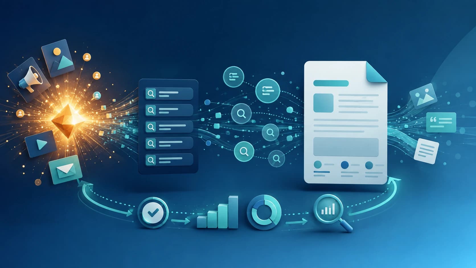 Campaign attention flowing through search queries, source pages, and a measured SEO evidence loop