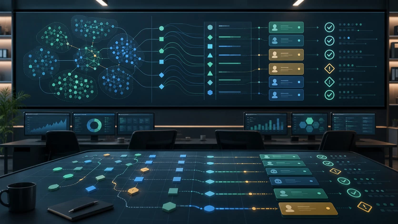Enterprise SEO audit command room with segmented URLs, priority lanes, owner handoffs, and validation markers