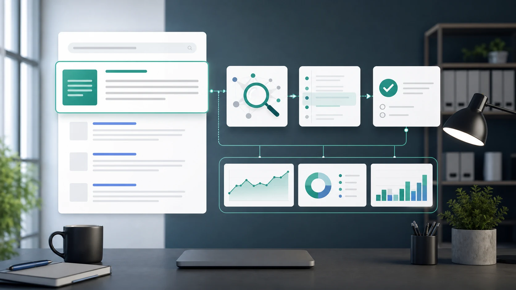 Featured snippet workflow connecting answer blocks, crawl signals, and monitoring cards