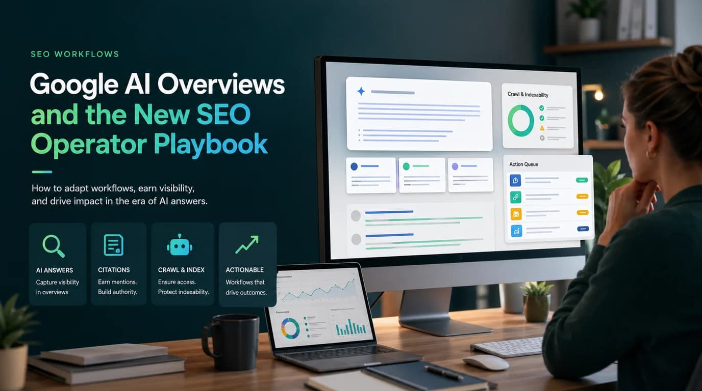 SEO operator reviewing Google AI Overviews readiness, crawl signals, and action queues