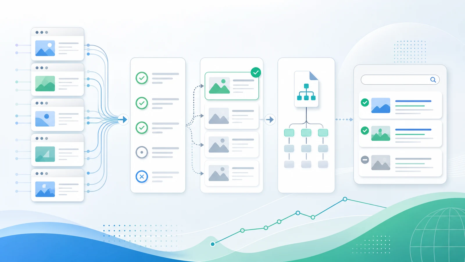 Google indexing workflow connecting crawl evidence, canonical signals, sitemaps, and validation checks
