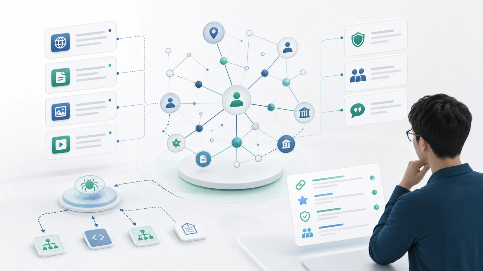 Entity evidence graph connecting source pages, schema signals, crawl checks, citations, and AI search monitoring