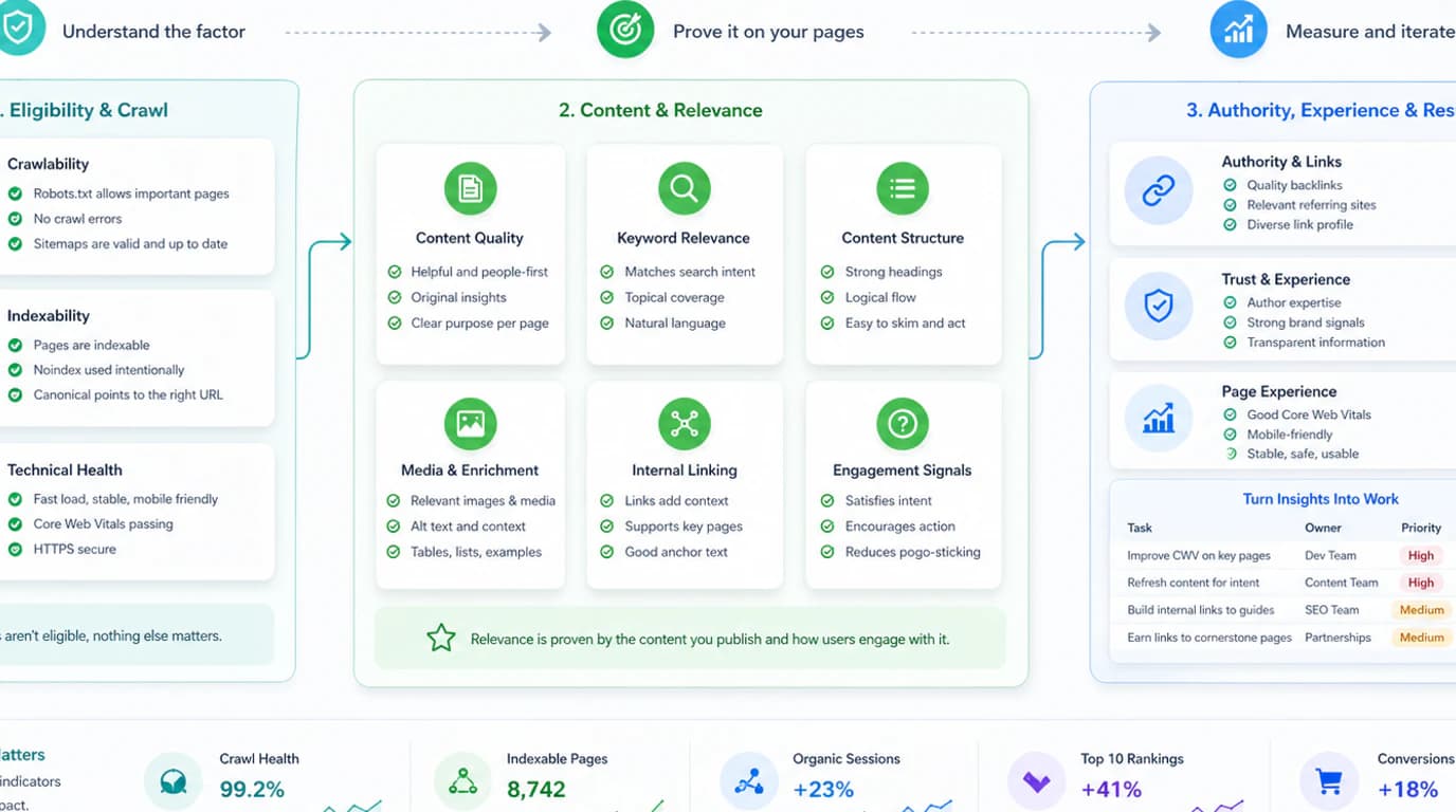Google ranking factors mapped into eligibility, relevance, helpfulness, links, and page experience checks