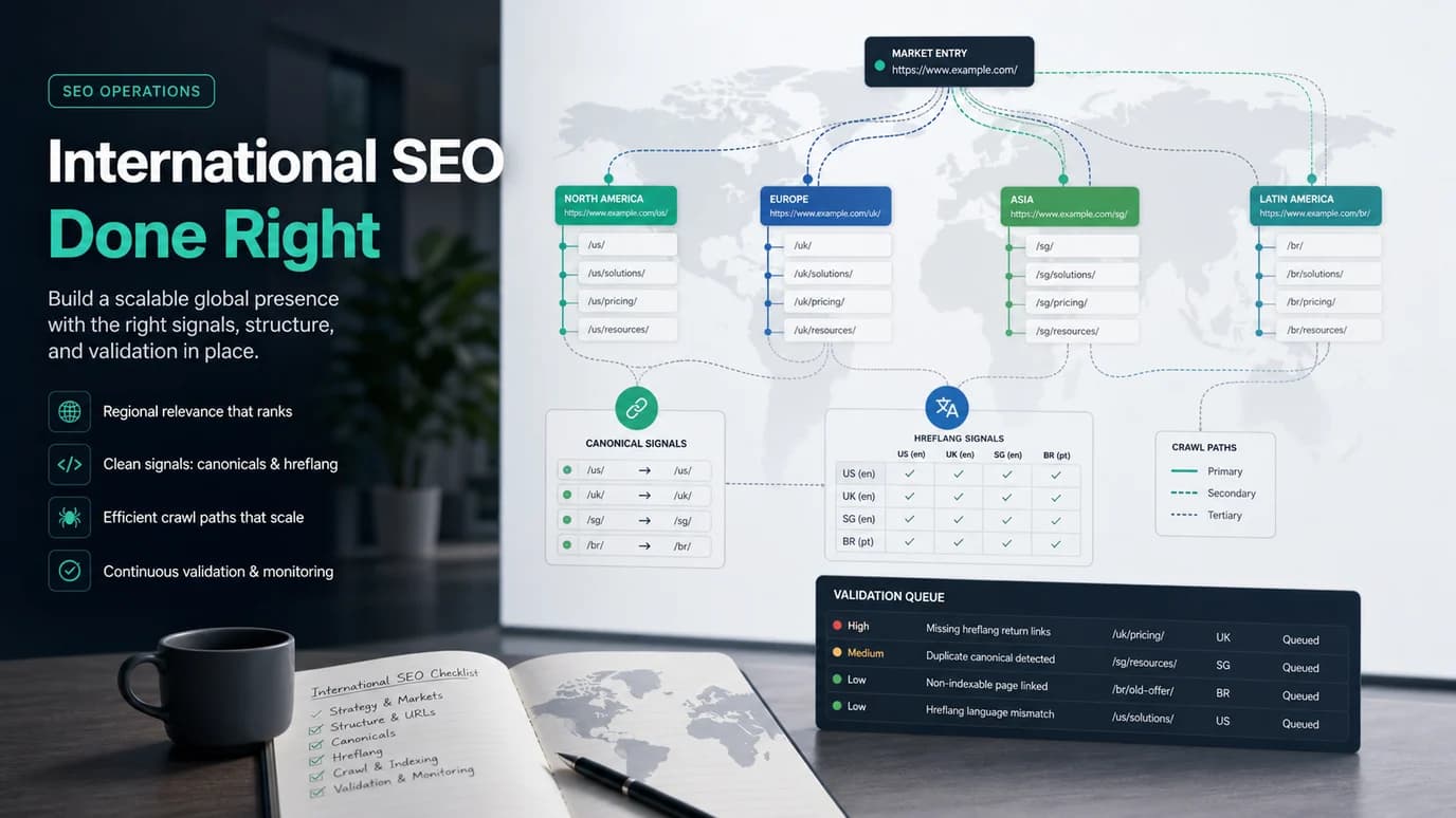 International SEO market URL map with hreflang, canonical, crawl, and validation signals