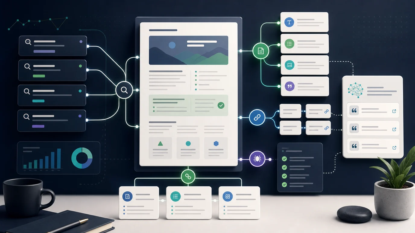 Keyword relevance map connecting queries, page content, links, crawl signals, and AI citations