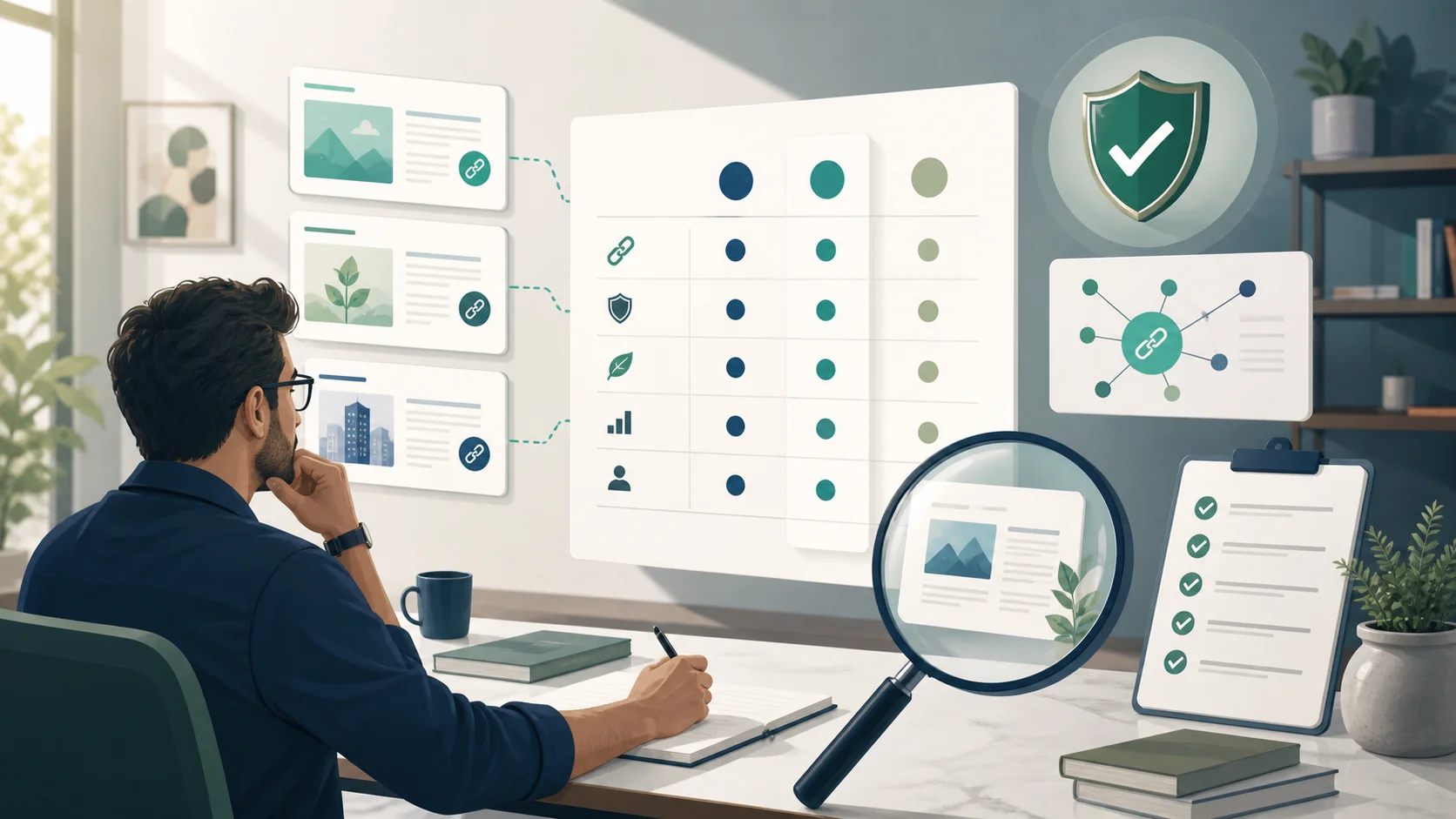 SEO operator comparing link-building service proposals with an evidence scorecard