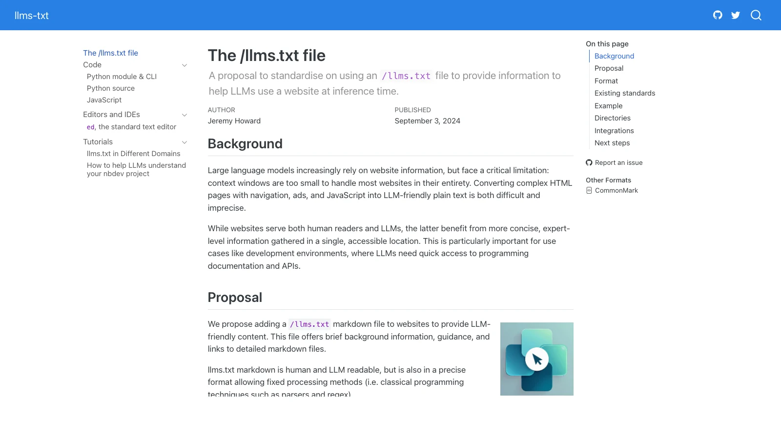 Public llms.txt proposal page showing the root file concept for AI-readable websites