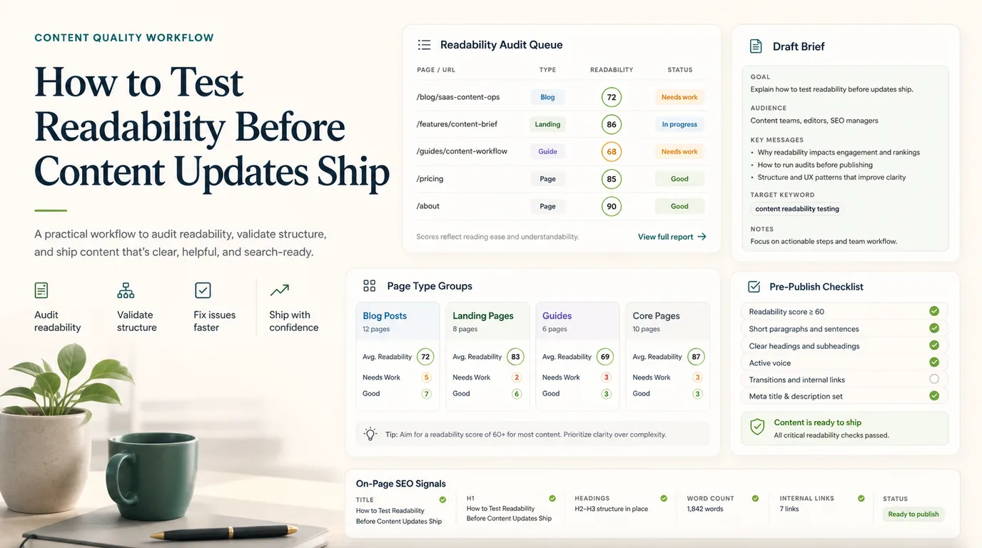 Generated readability audit workflow with page groups, content briefs, and validation checks