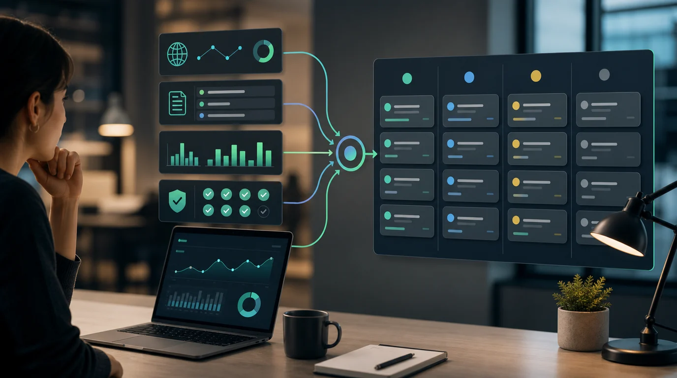 SEO automation workspace connecting crawl signals, reporting cards, validation checks, and owner-ready tasks