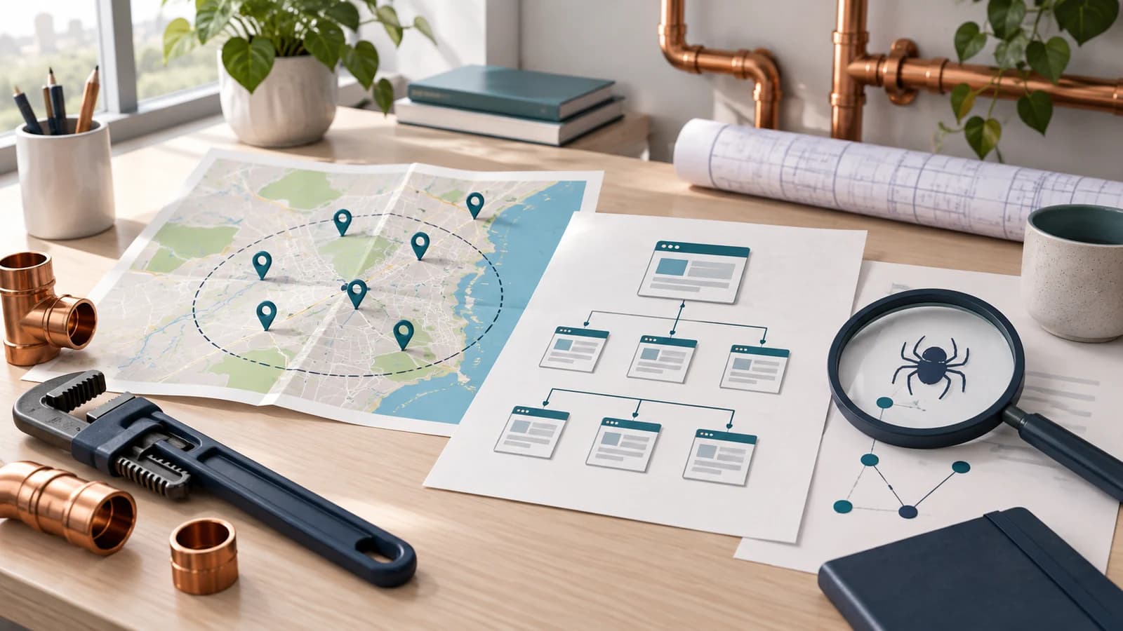 SEO planning desk with a local service-area map, plumbing tools, page map, and crawl-validation cues