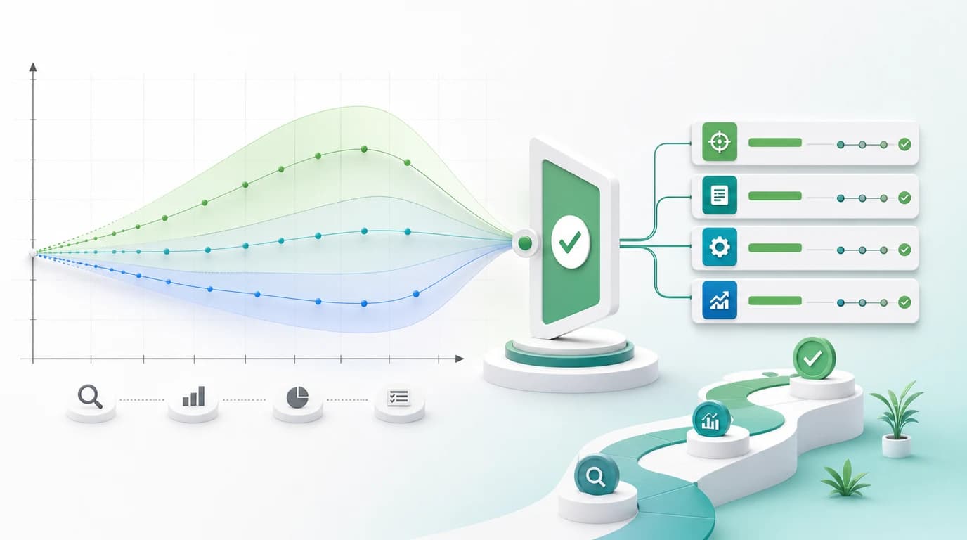 SEO forecasting workflow connecting baseline data, confidence bands, priorities, and validation