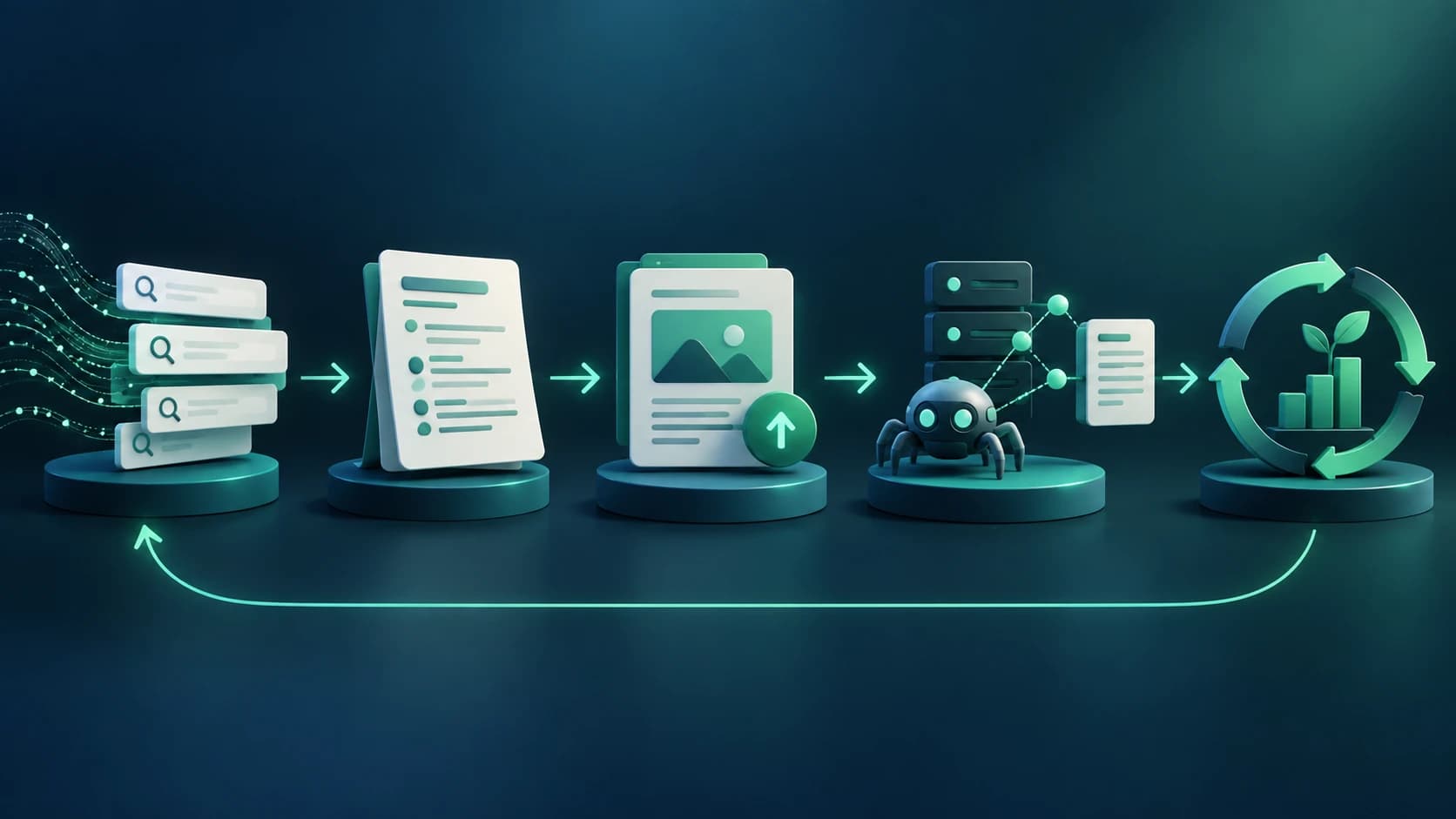 Five-stage SEO process from demand signals to pages, evidence, and measurement