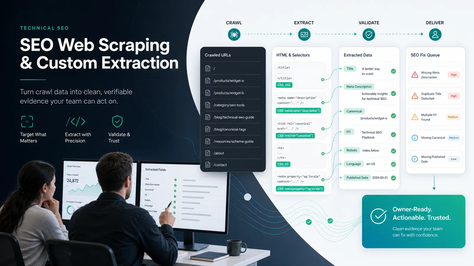 SEO web scraping workflow turning extracted crawl fields into a technical SEO fix queue