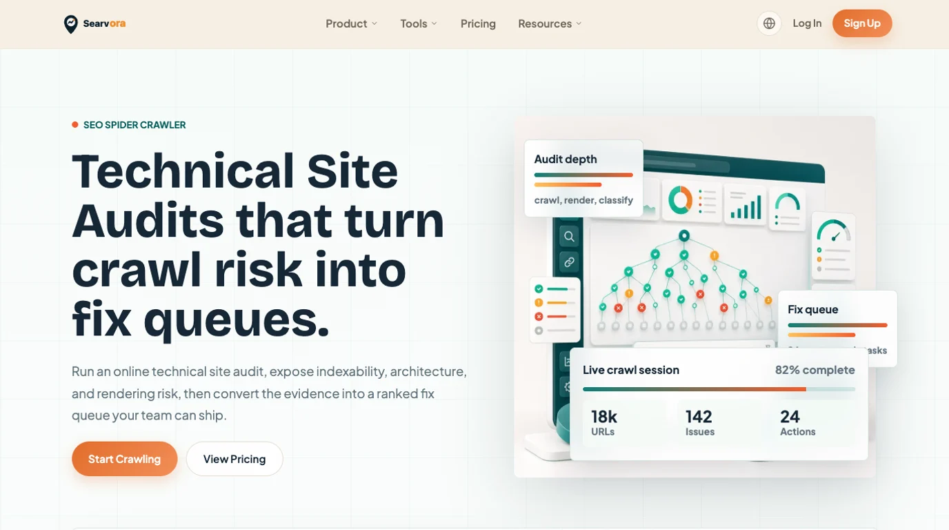 Searvora technical site audit page used to frame SEO site audit cost and scope