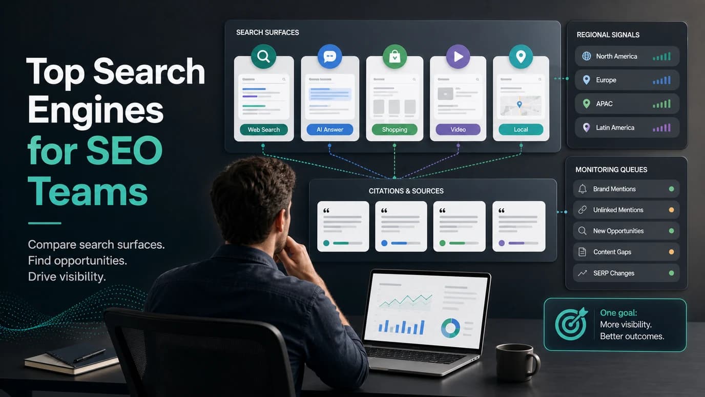 Search visibility command center comparing search engines and AI answer surfaces
