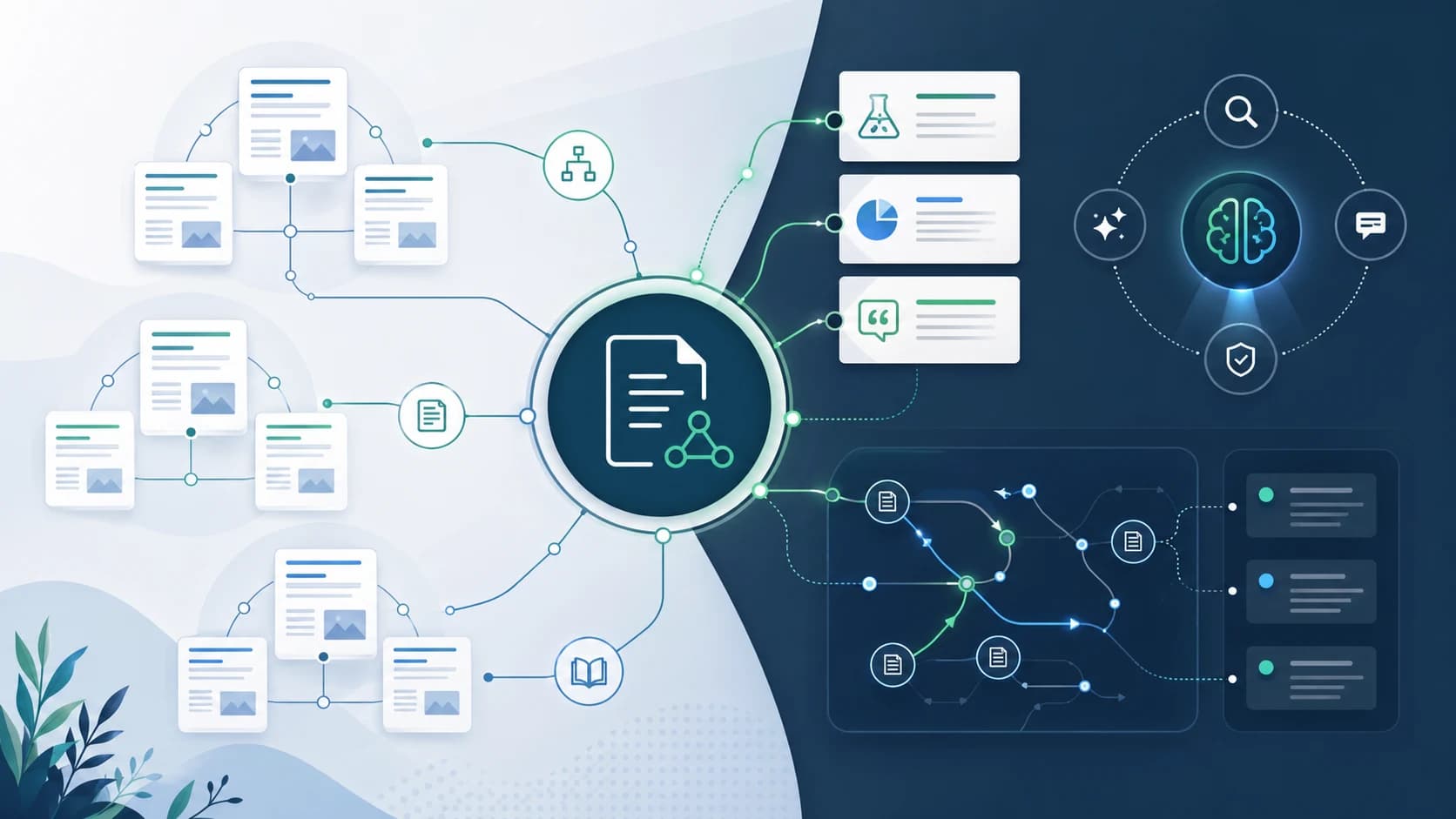 Topical authority map connecting topic clusters, proof signals, internal links, and AI search visibility