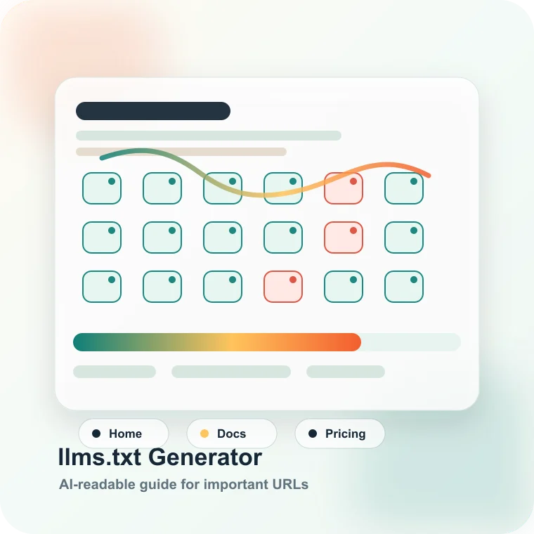llms.txt generator connecting important homepage, pricing, documentation, blog, and product URLs into an AI-readable file