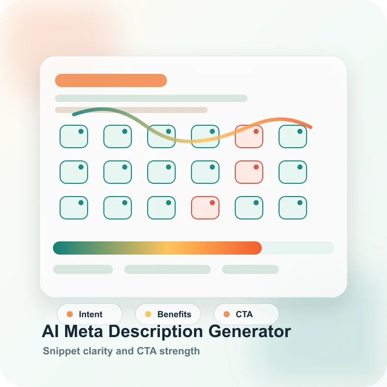 AI meta description generator with SERP snippet previews, intent labels, CTA checks, and keyword fit signals