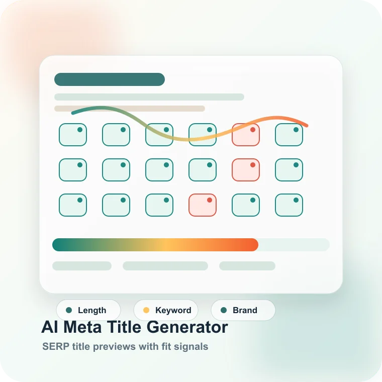 AI meta title generator with SERP title previews, length checks, keyword chips, and brand fit signals