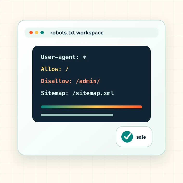Robots.txt generator interface showing crawler access rules, sitemap references, and allow disallow path previews