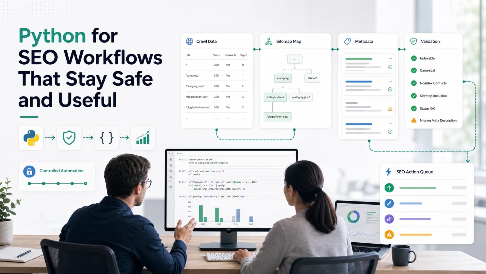 Python for SEO workflow with crawl data, metadata checks, and validation queue