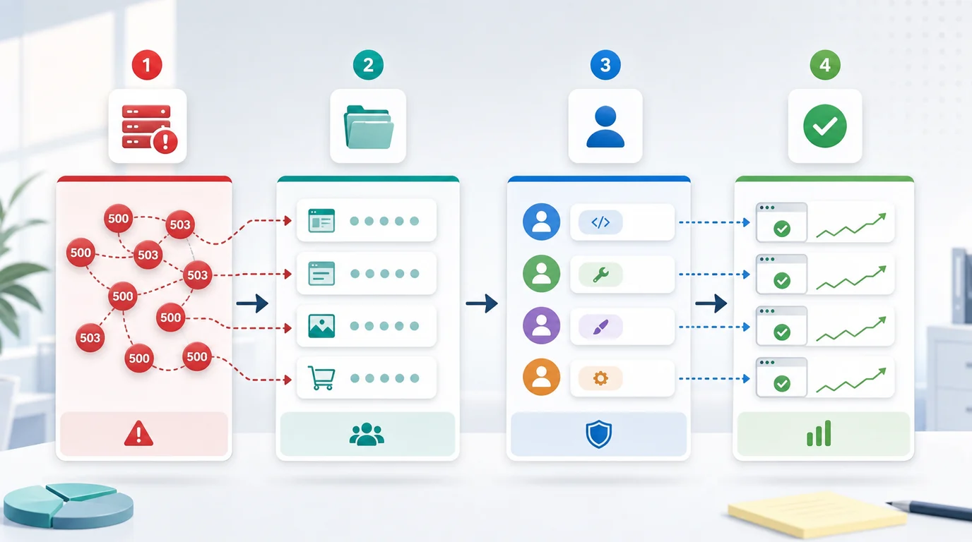 5xx server error triage workflow from error clusters to URL groups, owner routing, and recovery checks