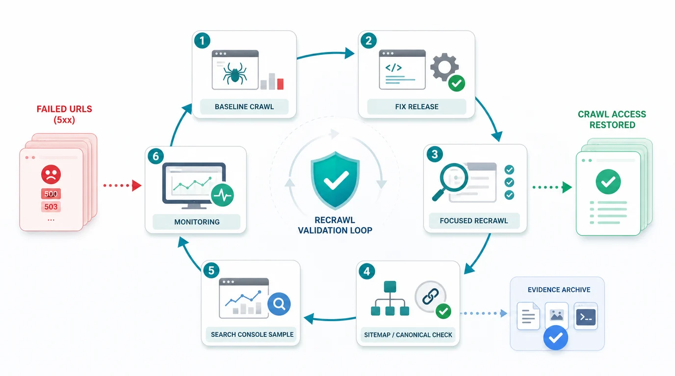 5xx server error recrawl validation loop from baseline crawl to fix release, focused recrawl, sitemap checks, and monitoring