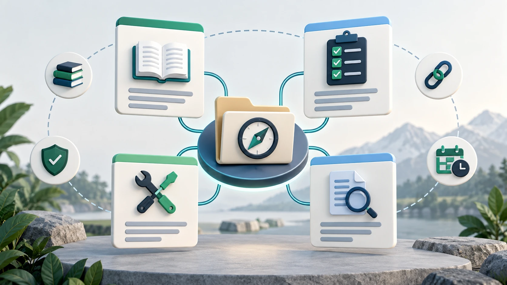 Affiliate niche content cluster with a central decision hub connected to guide, checklist, how-to, research, trust, link, and maintenance roles