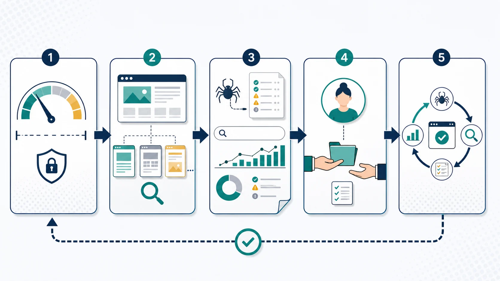 Five-stage workflow from a bounded SEO budget to scoped pages, evidence, owner handoff, and validation