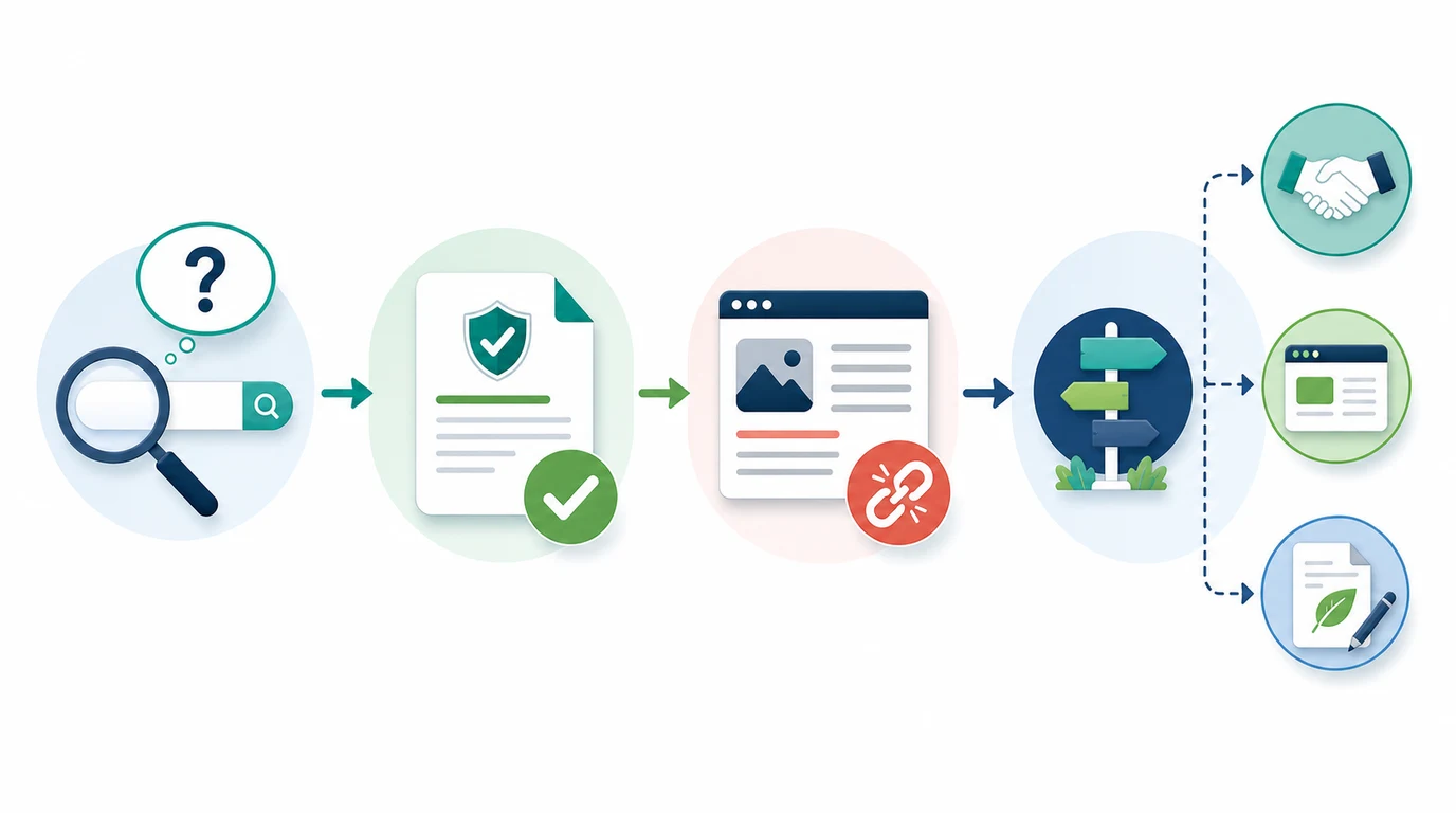 Affiliate claim verification workflow from search question to official policy, stale-link check, and next-step decision