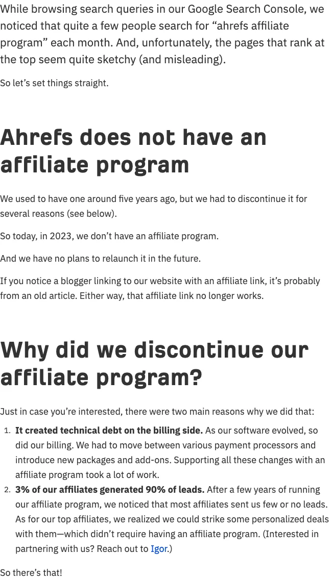Official Ahrefs page stating that the public affiliate program was discontinued