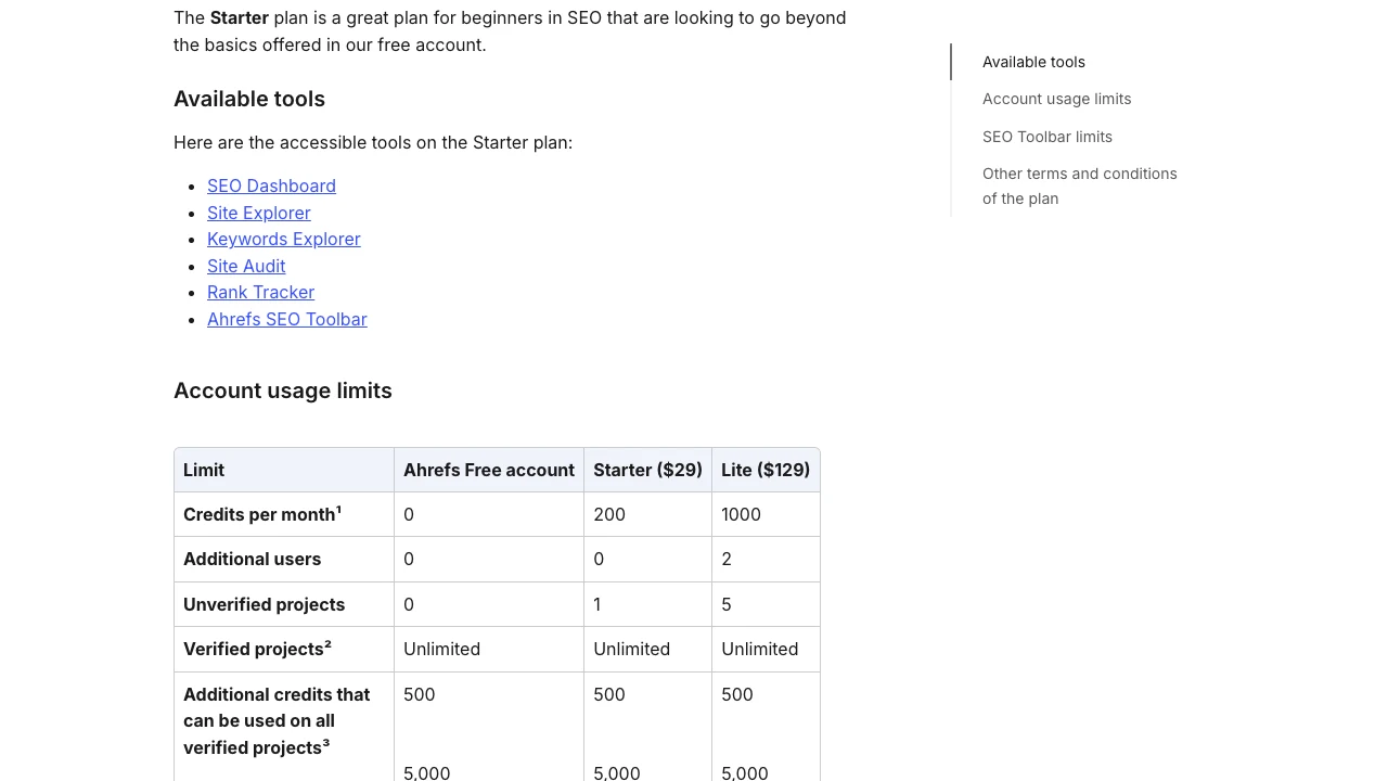 Official Ahrefs Starter plan help page showing available tools and account usage limits