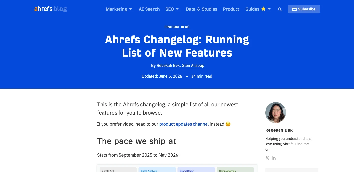 Official Ahrefs changelog page showing the maintained new-features list