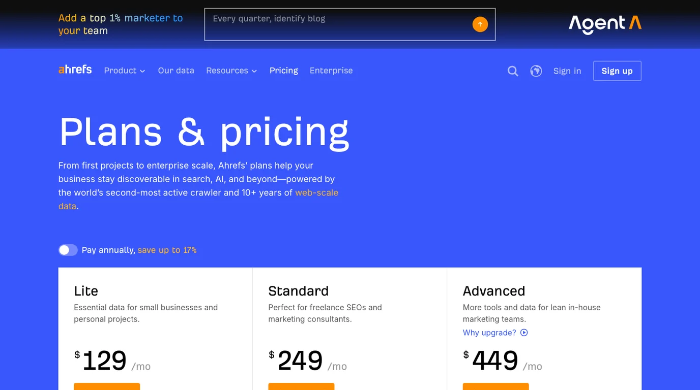 Official Ahrefs pricing page screenshot showing Lite, Standard, and Advanced plan cards