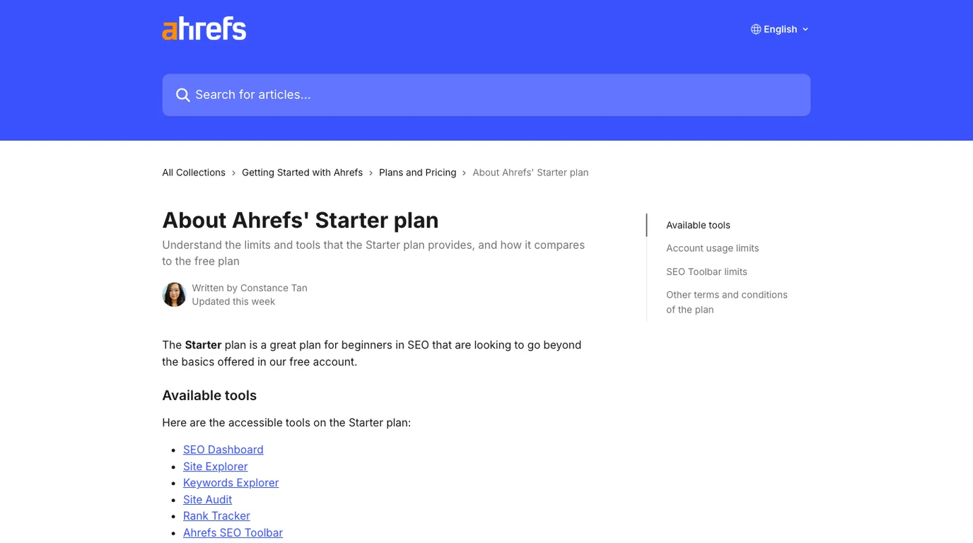Official Ahrefs Starter help article screenshot showing available tools and account usage limits