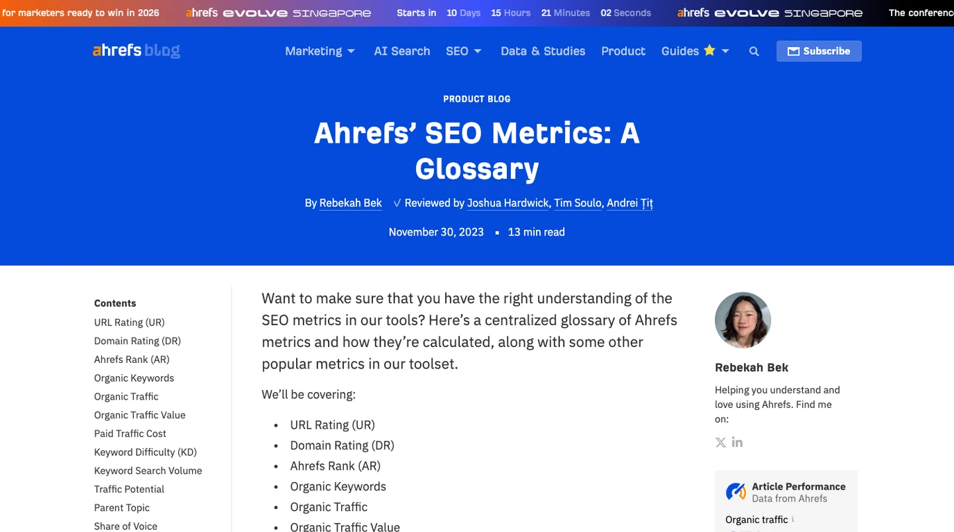 Official Ahrefs SEO metrics glossary page used as public source evidence