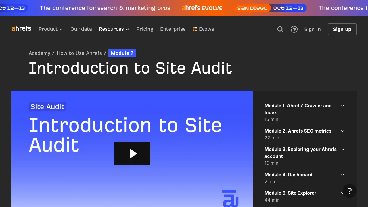 Official Ahrefs Academy page introducing the Site Audit hierarchy