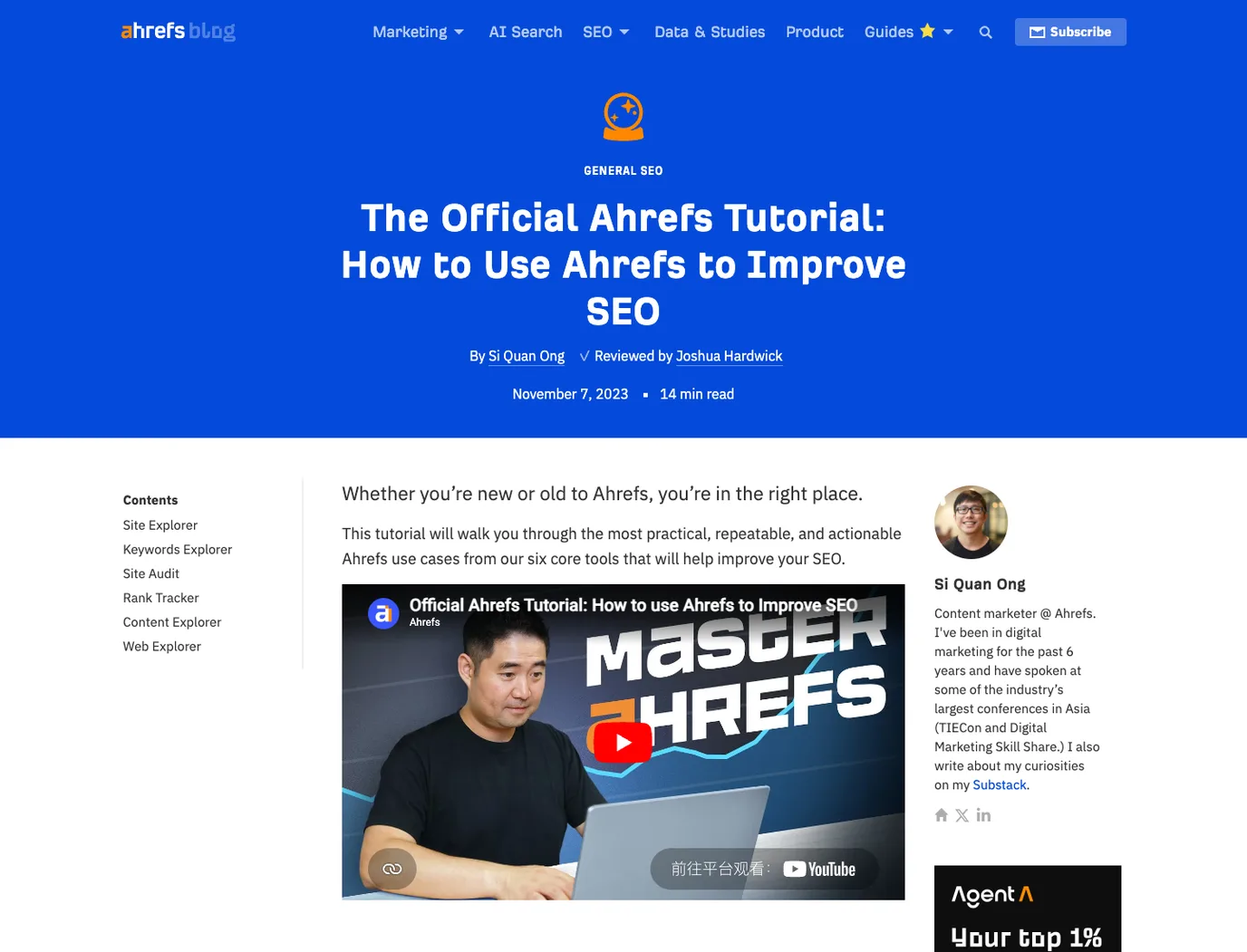 Official Ahrefs tutorial page showing the tutorial title, author, contents, and public video embed