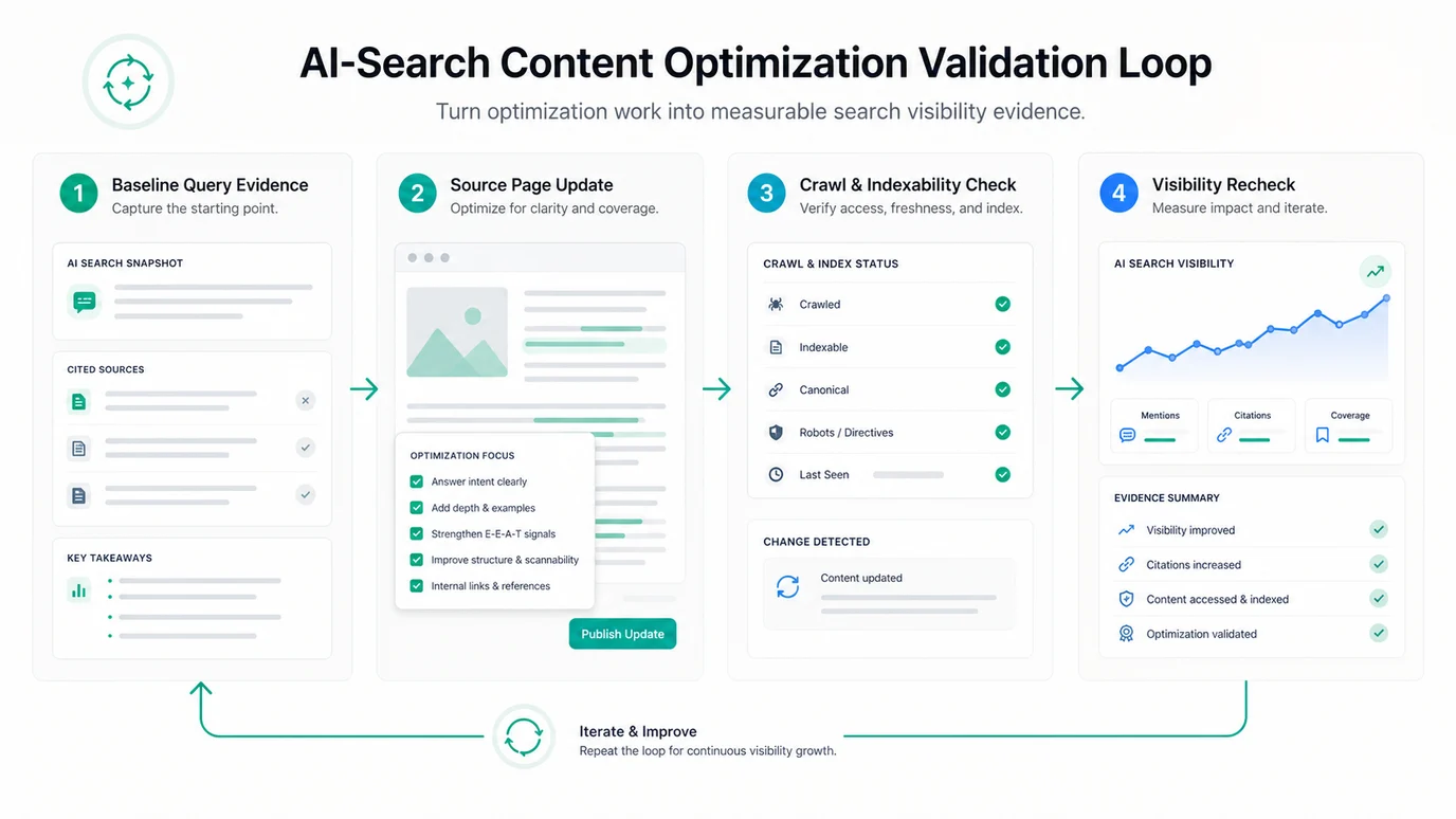 AI search visibility validation loop after content optimization