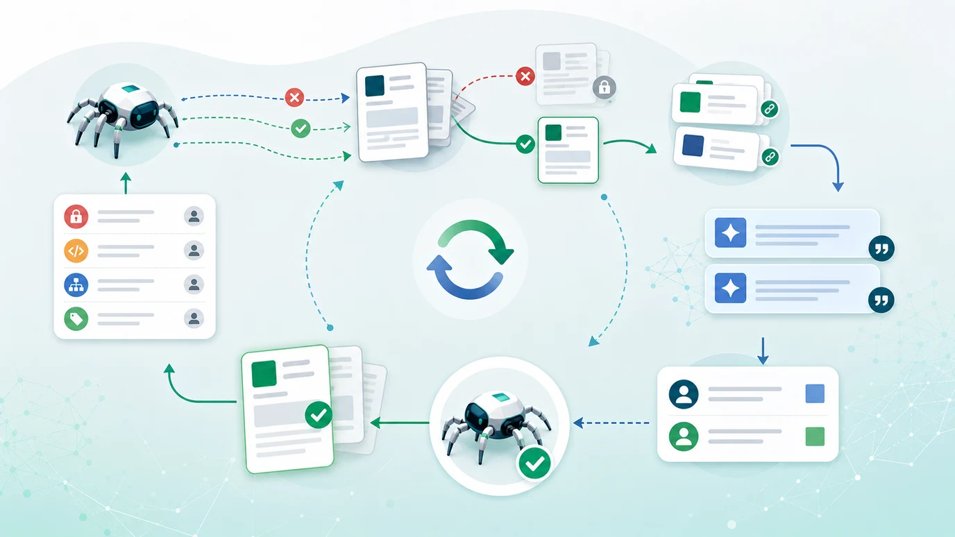 Validation loop from crawl findings to source-page fixes, owner handoff, AI citation review, and recrawl proof
