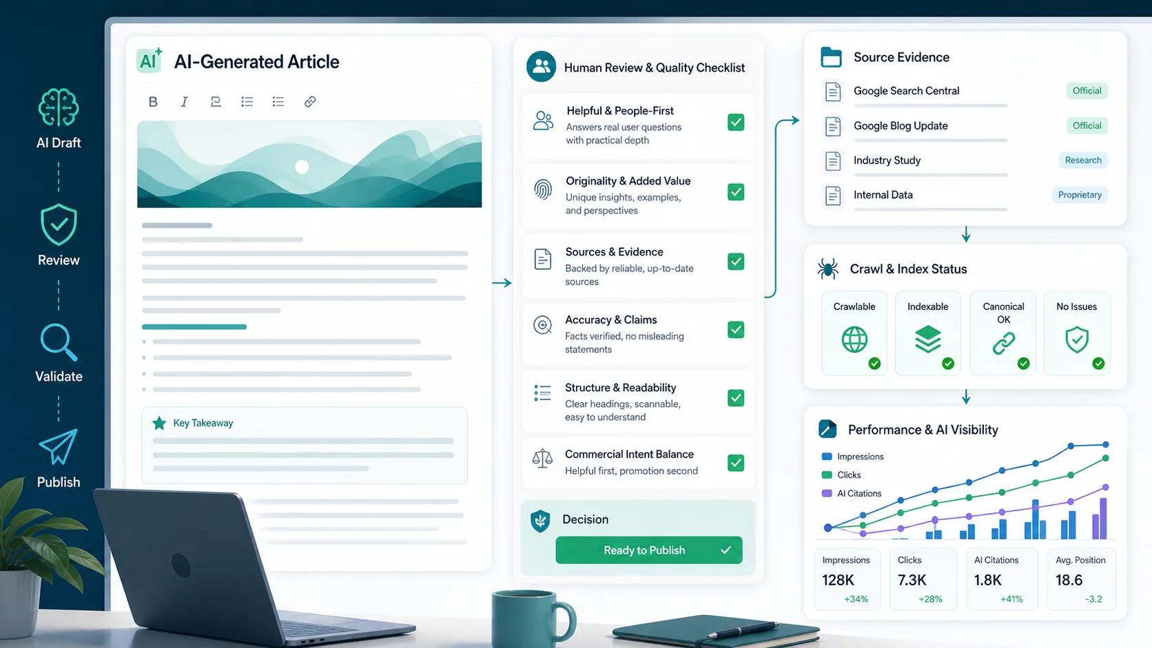 AI-generated article reviewed against quality, evidence, crawl, and visibility checks
