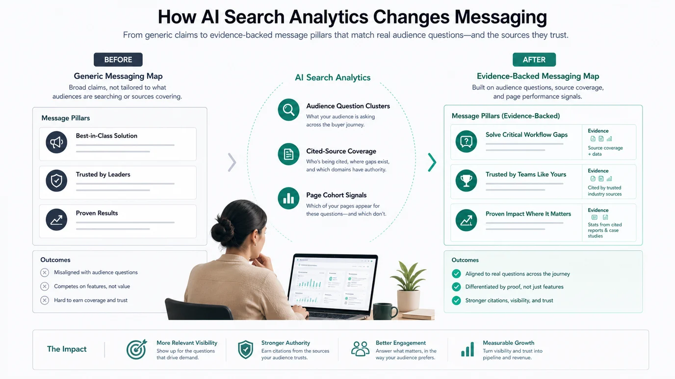Messaging evidence map shaped by AI search analytics