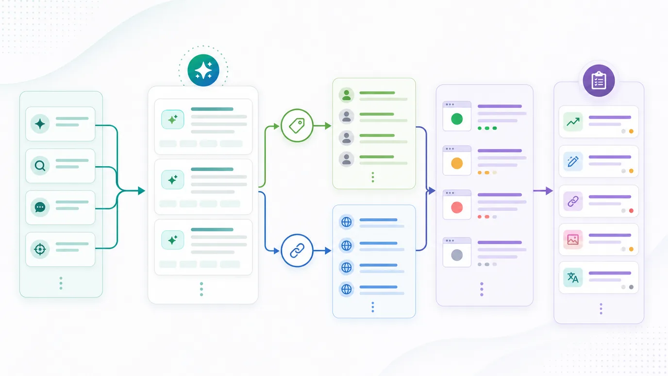 AI search competitor analysis workflow from prompt groups to answer capture, citation split, source-page diagnosis, and fix queue